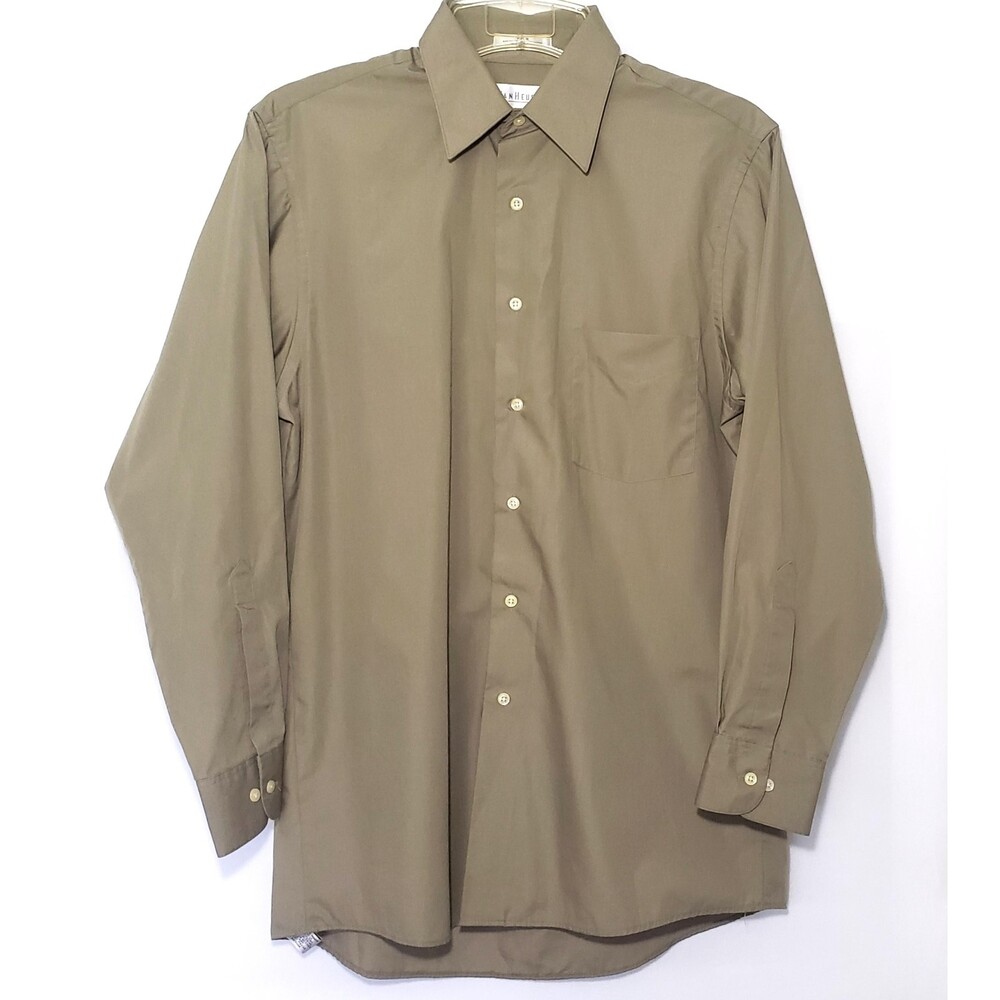 Van Heusen Mens Dress Shirt 15.5 32/33 Wrinkle Free Beige Cotton Blend